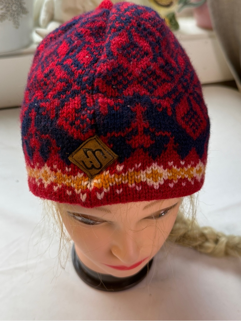 Children's Red & Navy Patterned Knit Beanie with Stripe Trim